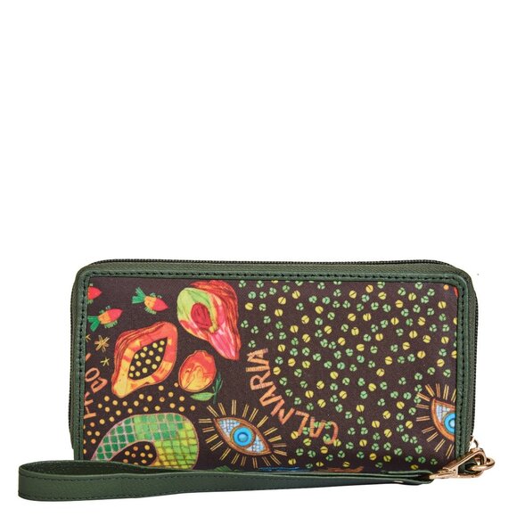 Hand Crafted Green Color Print Nylon Fabric Women Wristlet Wallets, Card Holder - Picture 1 of 8